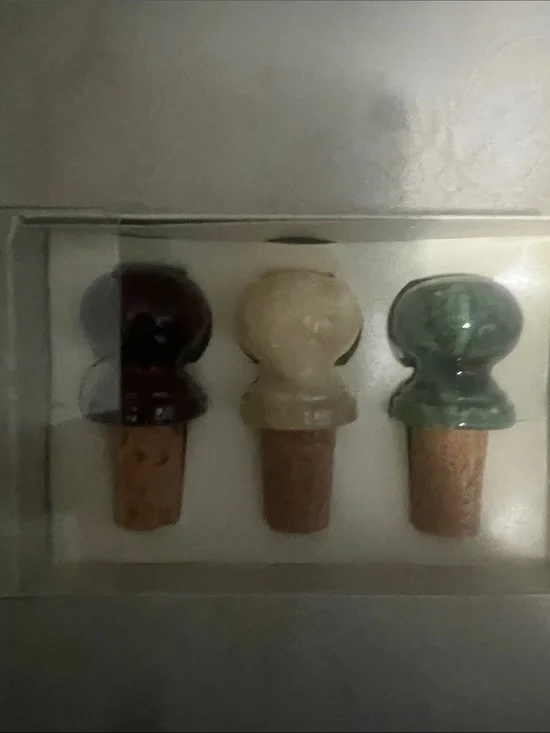 Pier 1 Decorative Bottle Stopper Trio in deep red brown, Cream, and Green