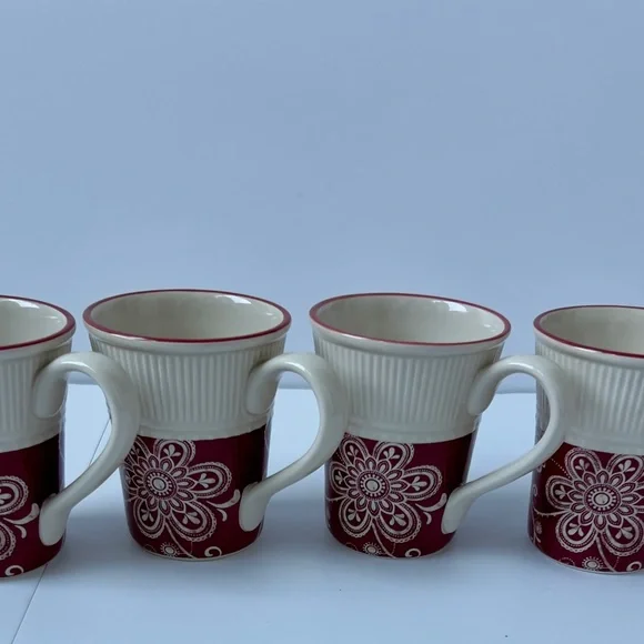 Pier 1 set of 4 Red and Cream Floral Mugs Set