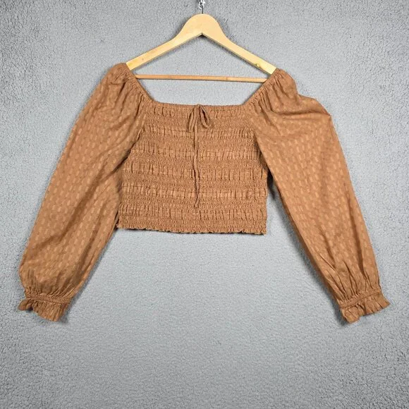 American Eagle Blouse Top Womens Medium Brown Smocked Cropped Peasant Picnic NWT