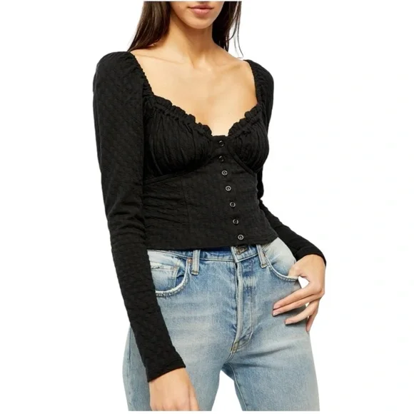 Free People ladybug Black Crop Top Long Sleeves Ruched Style NWT women’s medium