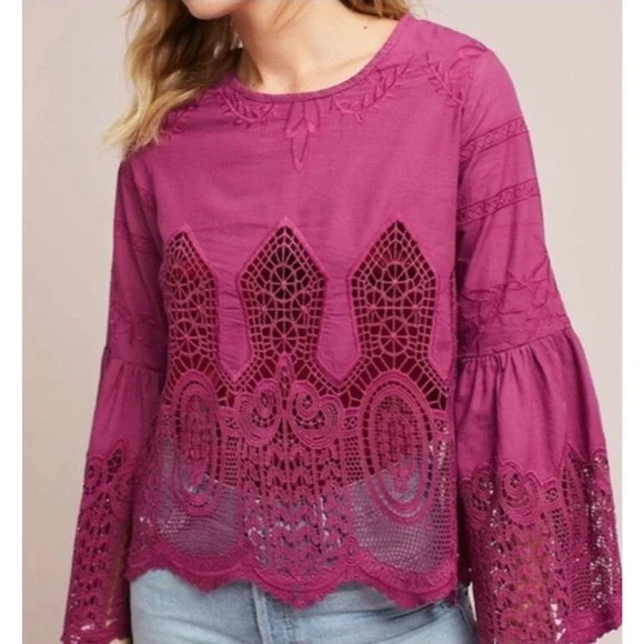 Anthropologie Chloe Oliver Lace Embroidered Blouse, Size L 8-12