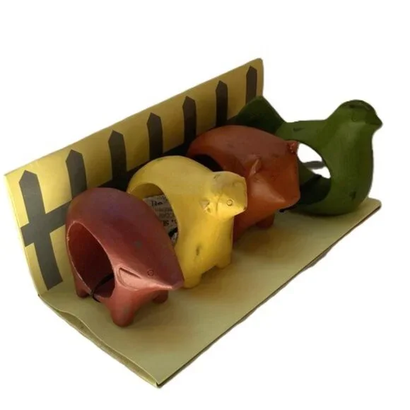 Pier 1 Imports Farm Animals Country Kitchen Wood Napkin Ring Holder Set of 4 NEW