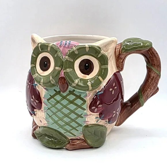Pier 1 Imports Olli the Owl Coffee Cup Mug Hand Painted Dolomite Unique Lg 24 oz