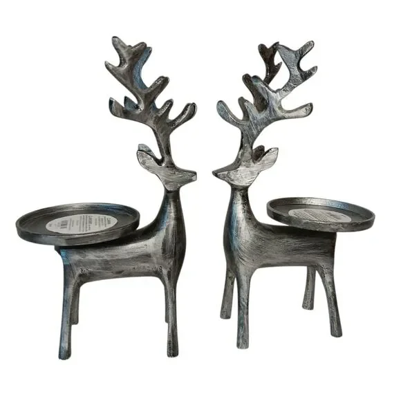 2 Silver Metal Deer Pillar Candle Holders By Pier 1 Reindeer Christmas Holiday