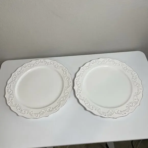 Pier 1 Imports Antique Scroll Stoneware Dinner Plates 11in Discontinued Set of 2