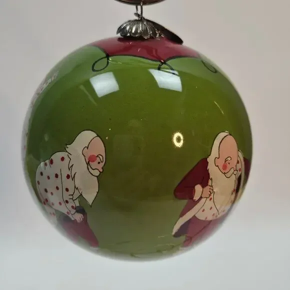 Pier One Li Bien reverse painted glass ornament Santa dressing green ball round
