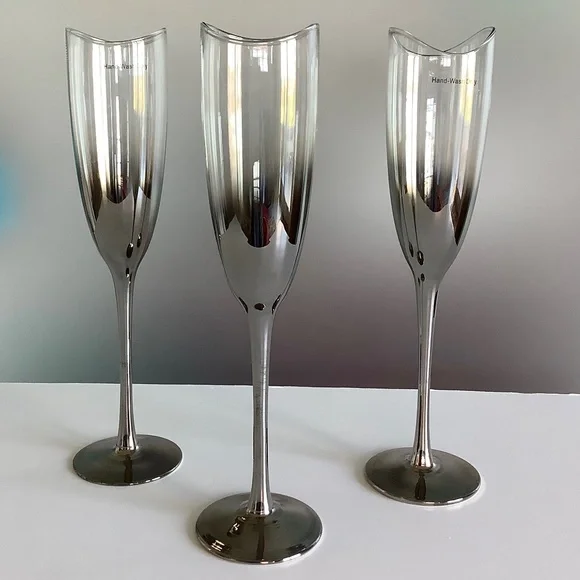 NEW NEVER USED THREE 2009 PIER 1 IMPORTS IRIDESCENT SMOKE CHAMPAGNE FLUTES