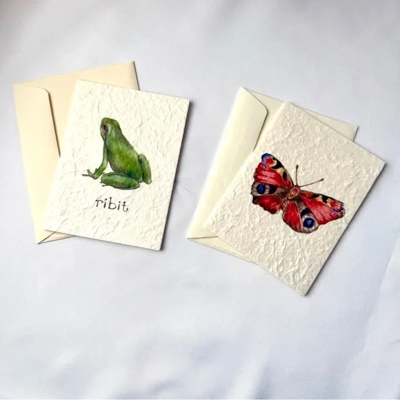 Frog and butterfly textured paper greeting card set of two