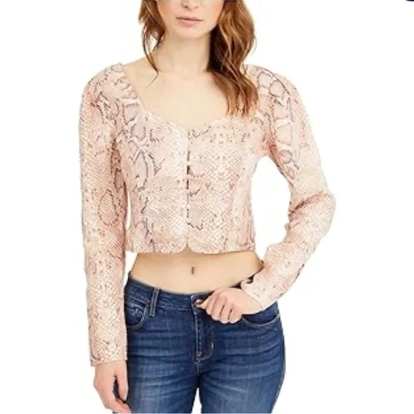 Guess telana button down sweetheart neck crop Pink Snake Print top M 100% linen