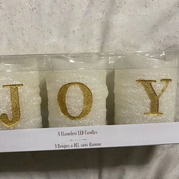Pier 1, (3) fameless LED candies that spell JOY in gold-made of paraffin wax