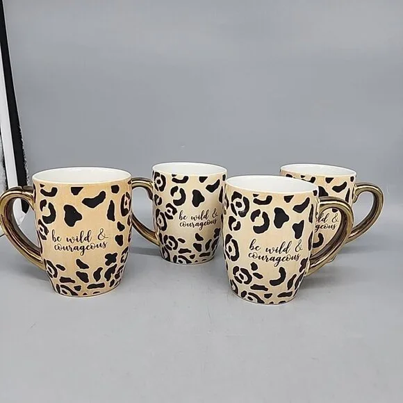 Set Of 4 Pier 1 Leopard Print Mug, be wild & courageous, 12 FL OZ Ceramic Animal