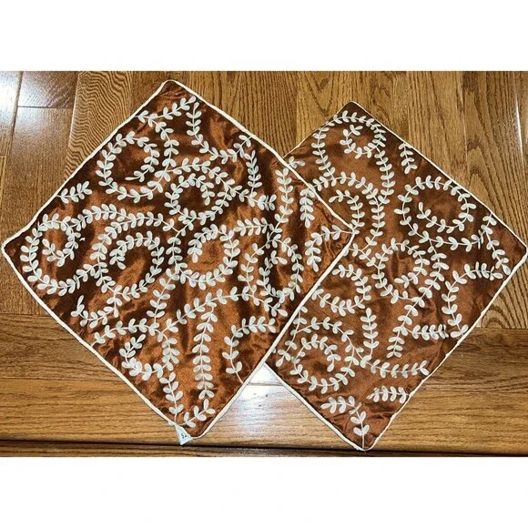 Pier 1 Imports Set Of 2 Embroidered Pillow Covers 18x18 Rust Floral Zipper