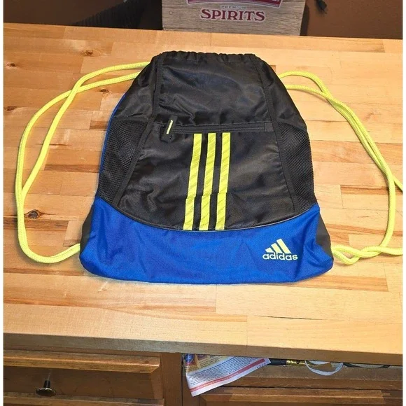 Adidas Drawstring Gym Bag Blue Black Neon Yellow Cinch Sack 104148-K