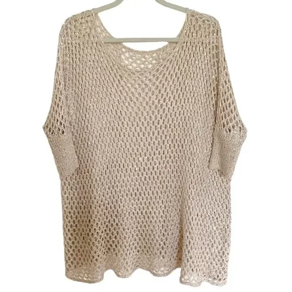 Dolce Cabo Oatmeal Metallic Sequin Open Weave Crochet Coverup XL
