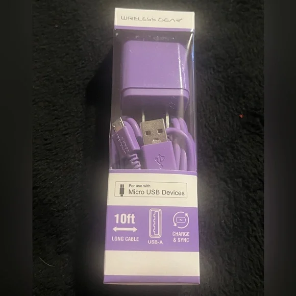 Wireless Gear Micro USB Devices ( 10’ Cable and Wall Charger) purple