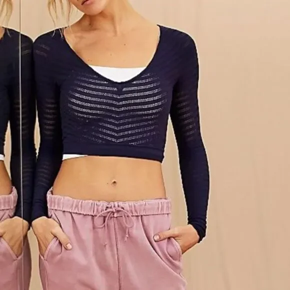 NWT Free People FP Movement Gone Adrift Long Sleeve Cropped Top in Eclipse Blue