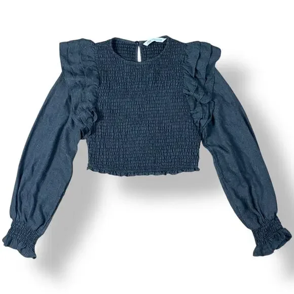 Zara Stretchy Ruffle Sleeve Cropped Top Womens‎ Size XS Gray Boho