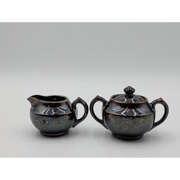 Vintage Japan Ceramic Creamer Pitcher‎ and Sugar Bowl with Lid Floral Accents
