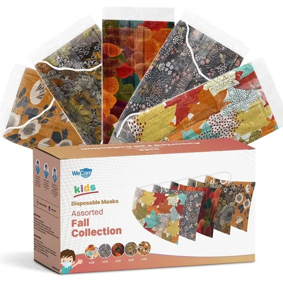 50 Pcs Fall Print Disposable Face Mask For Kids, Individually Wrapped