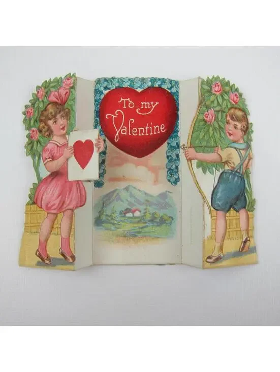 Vintage Valentine Boy Shoots Arrow Girl Pink Dress Holds Heart Target Mountains