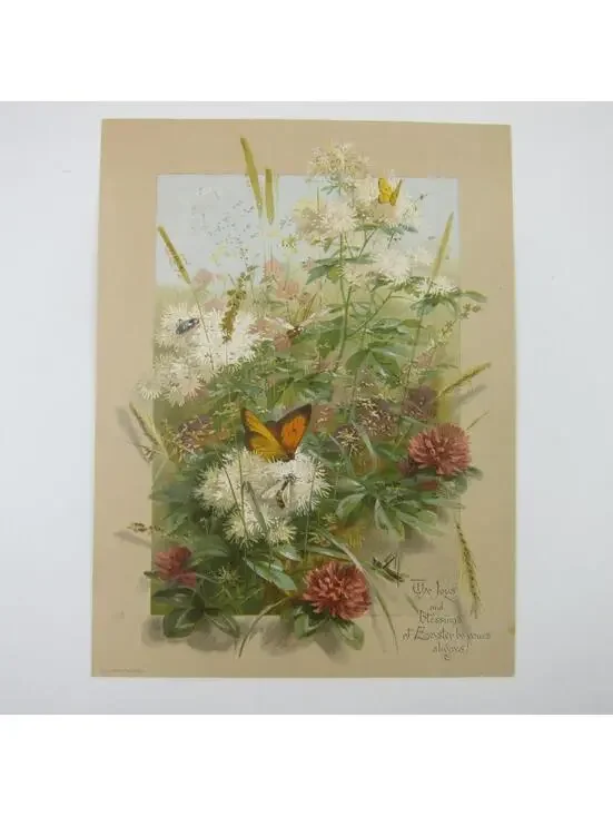 Victorian Easter Greeting Card Flowers Wheat Butterfly Grasshopper Antique 1884