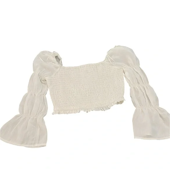 Le Lis cream cropped shirred top with puff long sleeves