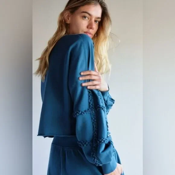 Saturday Sunday by Anthropologie Teal Corrie Crop Ruffle Sleeve Sweatshirt