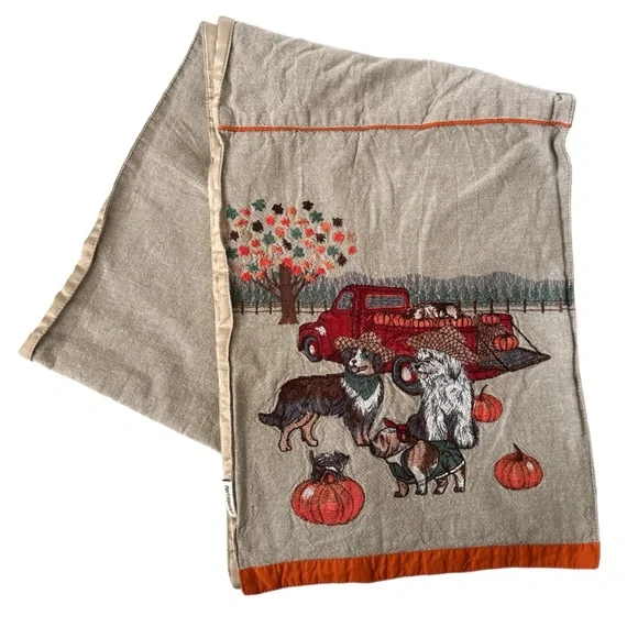 Pier 1 Imports Embroidered Harvest Dogs Pups Autumn Table Runner Pumpkin Linen