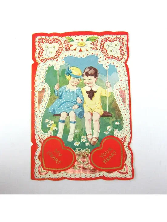 Antique Valentine Blonde Girl Blue Dress Boy Swing Daisy Flowers Die cut Bifold