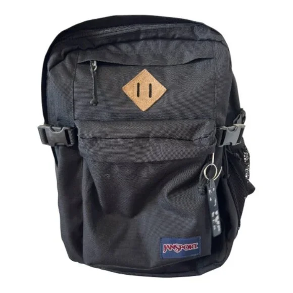 JANSPORT Backpack Unisex Size Large Black Leather Diamond Patch-Brown (with two