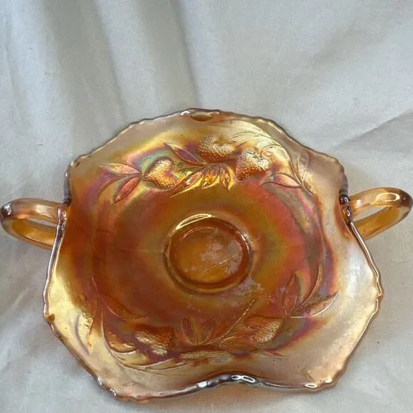 Fenton Strawberry Sprigs Bonbon Double Handed Carnival‎ Glass Dish Orange Glows