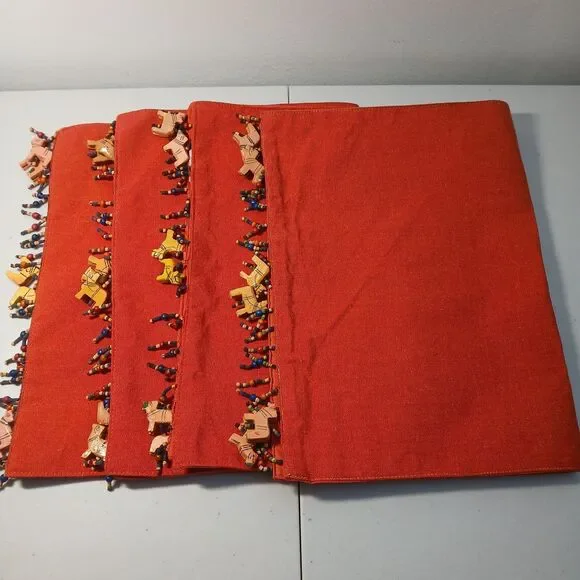 Pier 1 Imports Red Beaded Trim Cotton Placemats Ornate Wooden Bohemian Set of 4