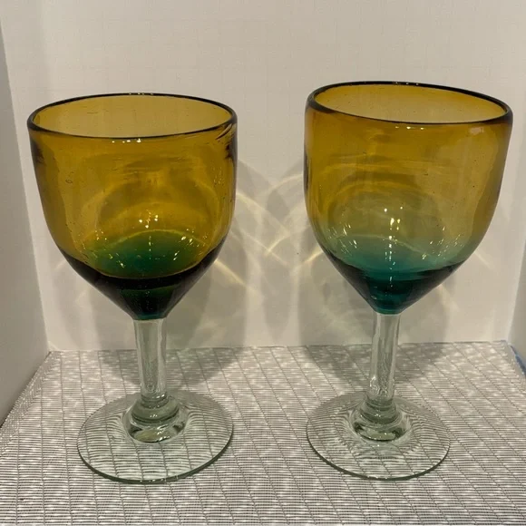 Pier 1 Imports Blue & Amber Hand Blown Thick Glass Goblets, 7 in. Set of Two