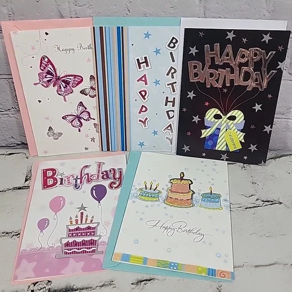 New‎ Greeting Cards Lot Of 5 Happy Birthday 3D Clip-Art Matching Envelopes