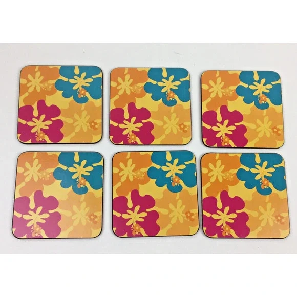 Pier One Pier 1 Hawaiin Coasters Groovy Aloha Floral Corkbacked Luau Lot of 4