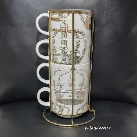 Pier 1 Imports Gold Crown Print Stacking Mugs Set w/ Gold Metal Rack Coffee Cups