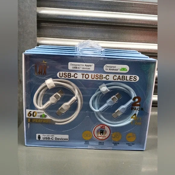 USB-C to USB-C Cable 2-Pack - White and Blue 4 Pack Bundle In Total