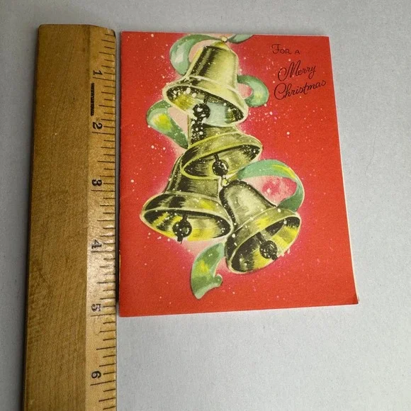 Vintage Diamond Line Christmas Card Gold Bells Red Mid Century Modern MCM