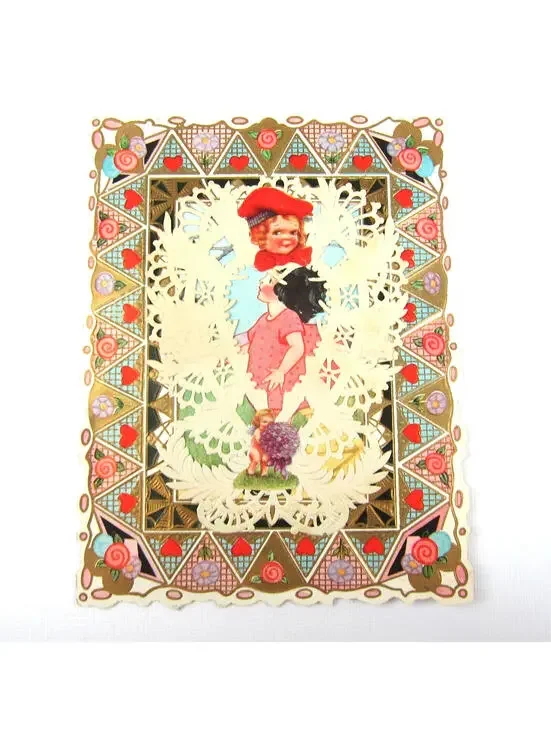 Antique Valentine Girl Pink Dress Cupid Purple Flowers Boy Hammock UNSIGNED