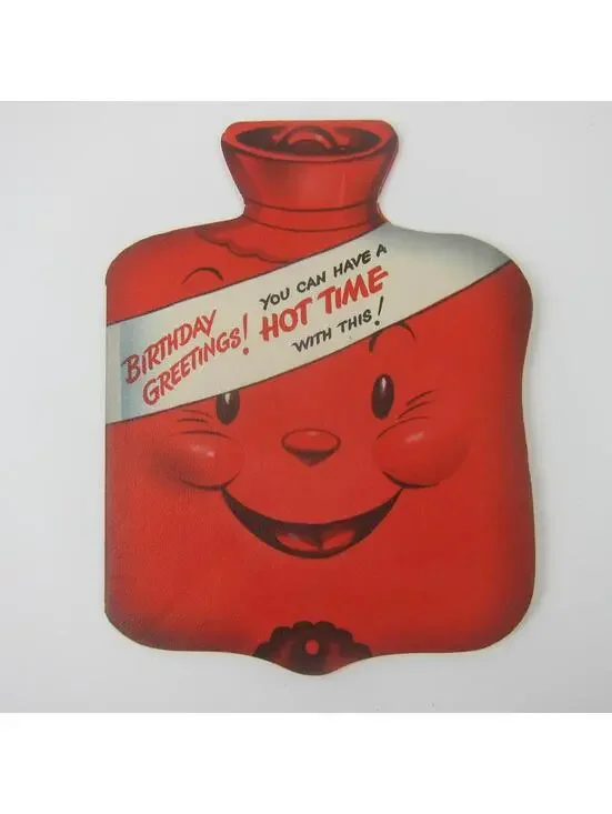 Vintage Birthday Card Anthropomorphic Hot Water Bottle Six Pages of Jokes 1950s
