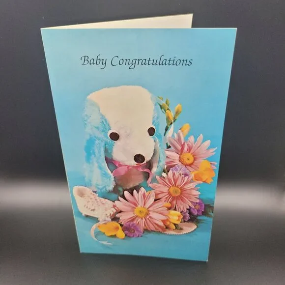 Vintage Sunshine Line Baby Congratulations Card Stuffed‎ Toy Flowers Unused
