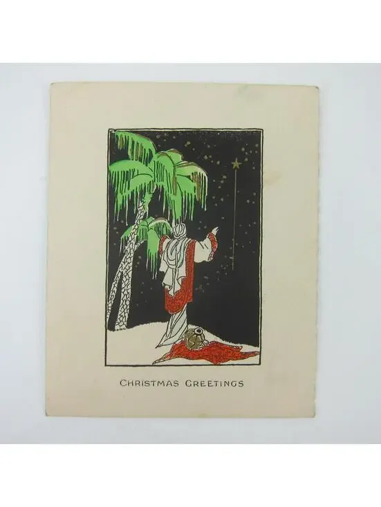 Antique Christmas Card Star of Bethlehem Wise Man Desert Palm Tree Bifold