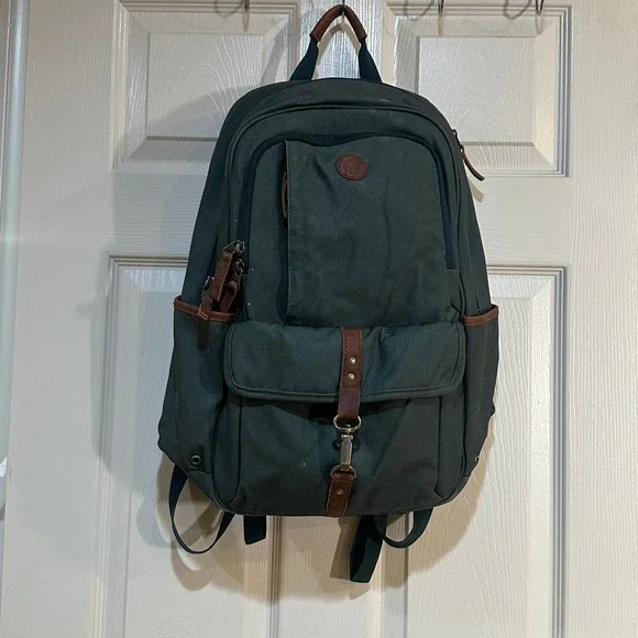 Timberland Canvas Backpack Forest Green Leather Trim Outdoor Laptop Bag Travel
