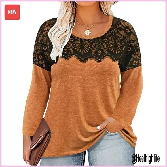 Plus Size Long Sleeve Lace Tunic Top Lightweight Sweatshirt Pullover XL-5XL