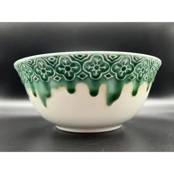 Pier 1 Imports Drip Glaze 9.5” Stoneware Serving Mixing Bowl Teal Green & White