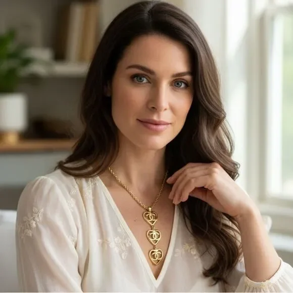 CHANEL Triple Gold Open Heart Necklace, Authentic