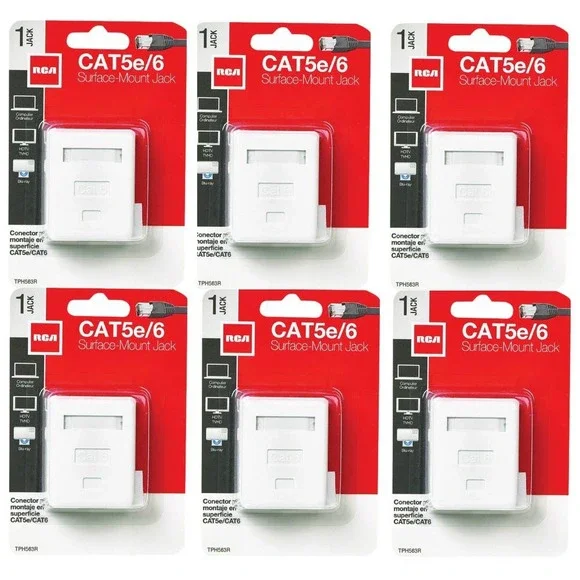 6 x RCA White Surface Mount Jack, Plastic CAT 5E/6 Wall Jack, TPH563R -Free Ship