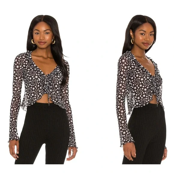 Free People Marne Star Sheer Mesh Top Women Small Black White Celestial Festival