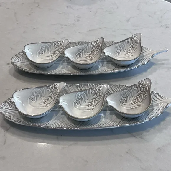 Pier 1 Ivory Cream Embossed Bird Shaped Small Bowls‎ & Feather Dishes (2 Sets)