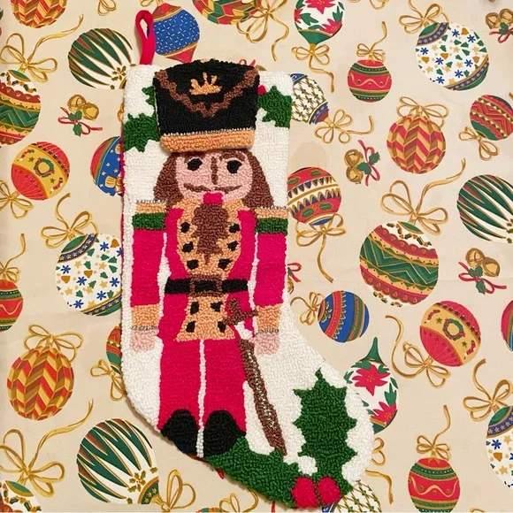 Pier 1 Imports Nutcracker Christmas Holiday Stocking Hooked Rug Yarn 3D Hat 19
